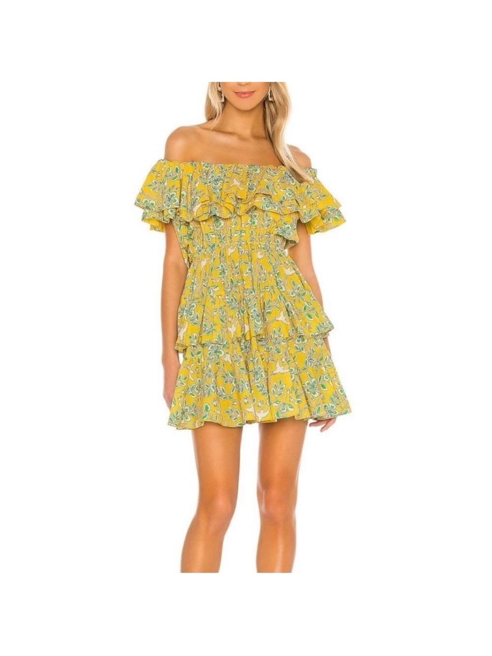 RHODE Dotty Off-the-Shoulder Yellow Eden Printed Tiered Ruffle Dress Size XL